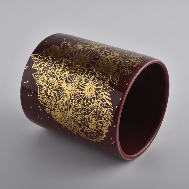 luxury purple ceramic candle jar with gold artwork