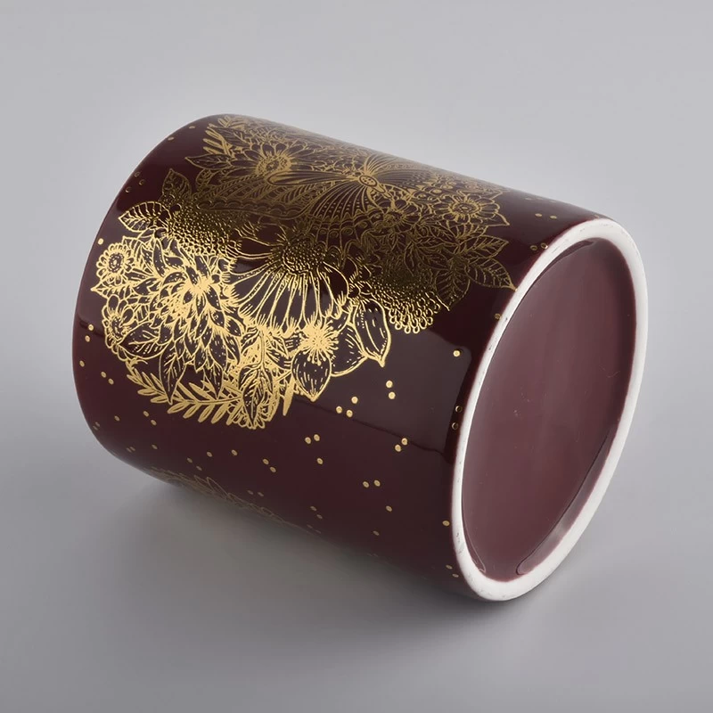 luxury purple ceramic candle jar with gold artwork