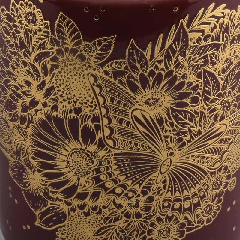 luxury purple ceramic candle jar with gold artwork