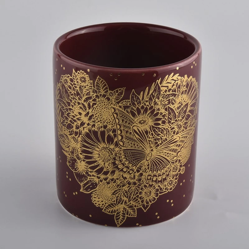 luxury purple ceramic candle jar with gold artwork