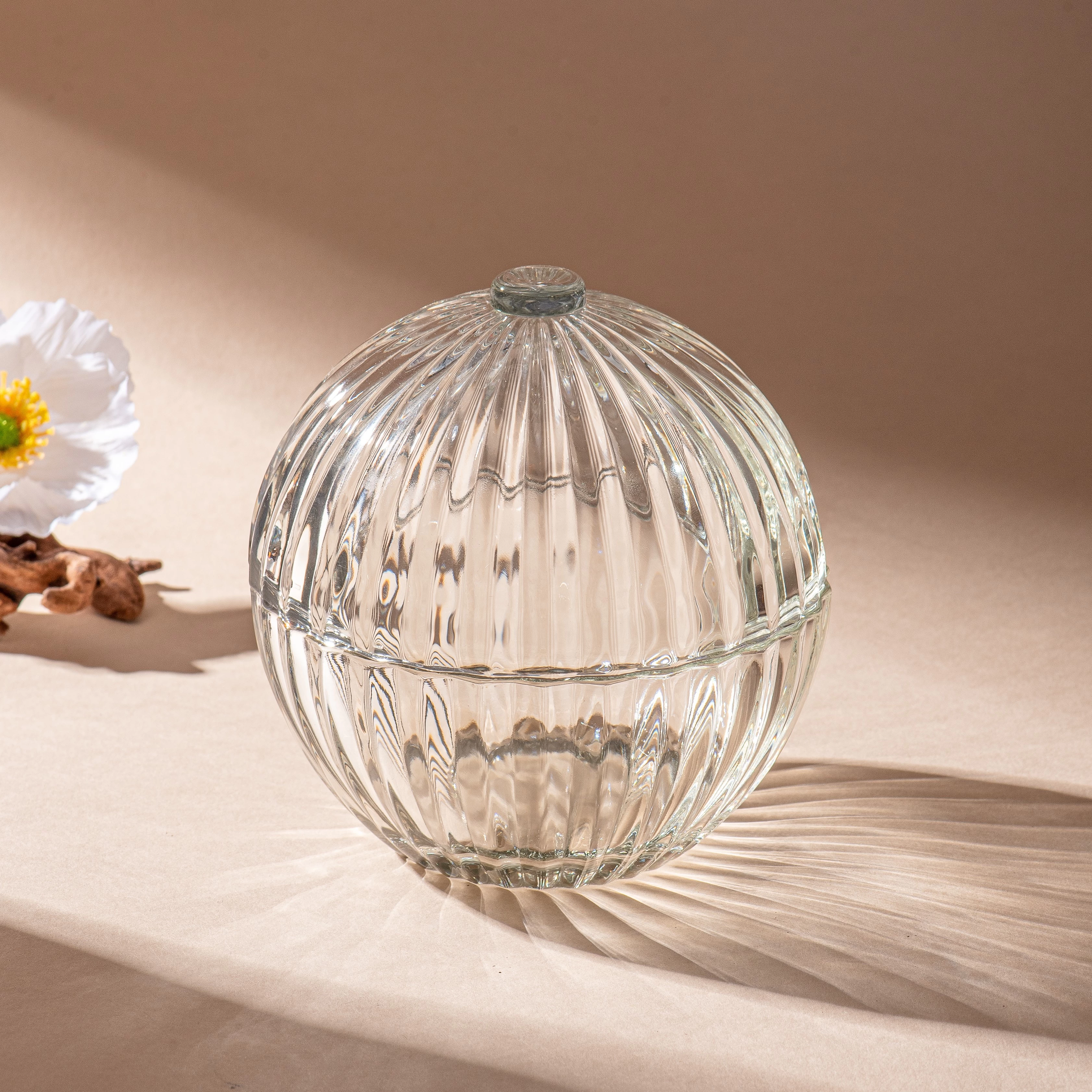 Wholesale bowl-shaped striped transparent glass candle cans with lids