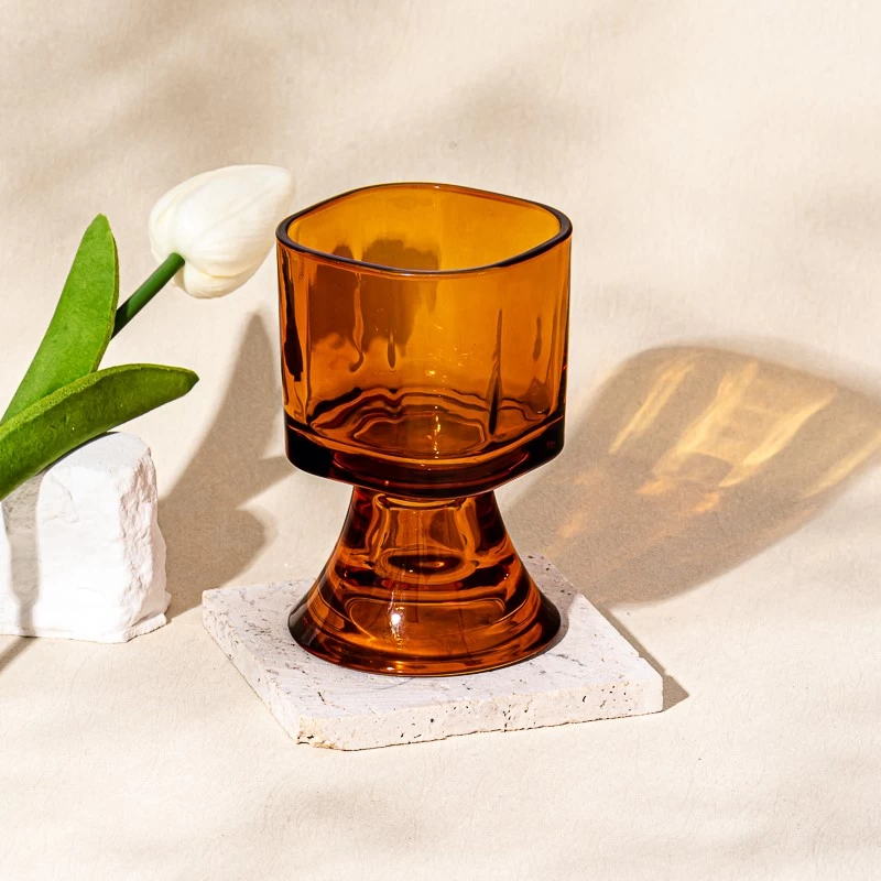 amber color glass candle jar with stand
