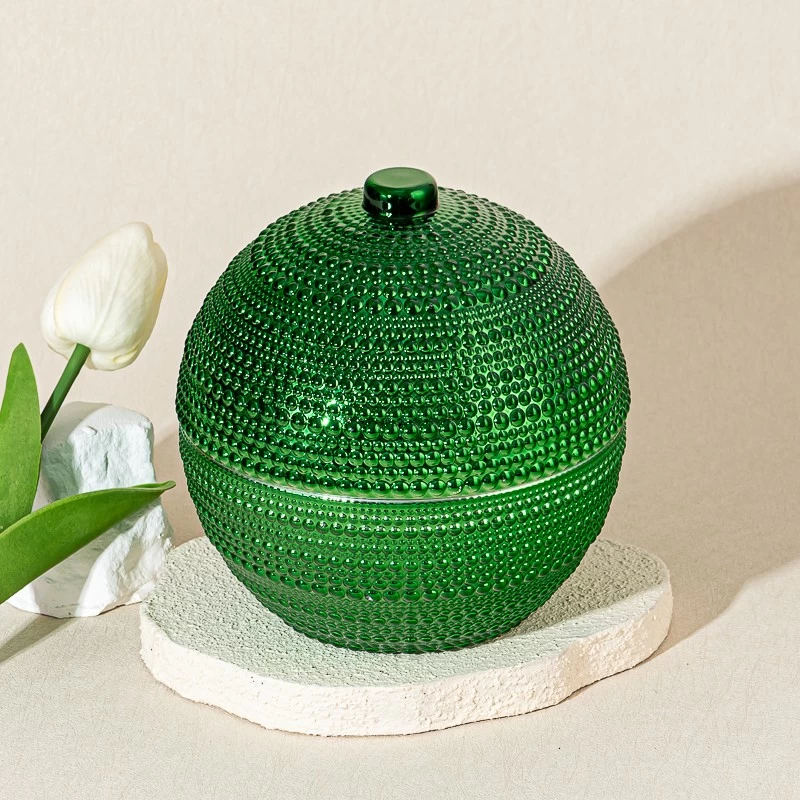 Luxury Green Embossed Ball Shape Glass Candle Jar with Lid Decorative Candle Holder