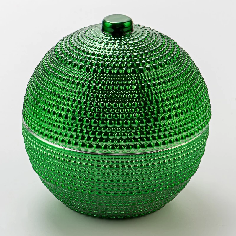 Luxury Green Embossed Ball Shape Glass Candle Jar with Lid Decorative Candle Holder