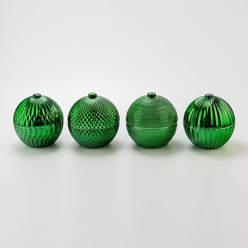 Luxury Green Embossed Ball Shape Glass Candle Jar with Lid Decorative Candle Holder