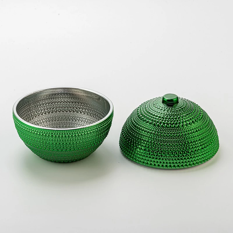 Luxury Green Embossed Ball Shape Glass Candle Jar with Lid Decorative Candle Holder
