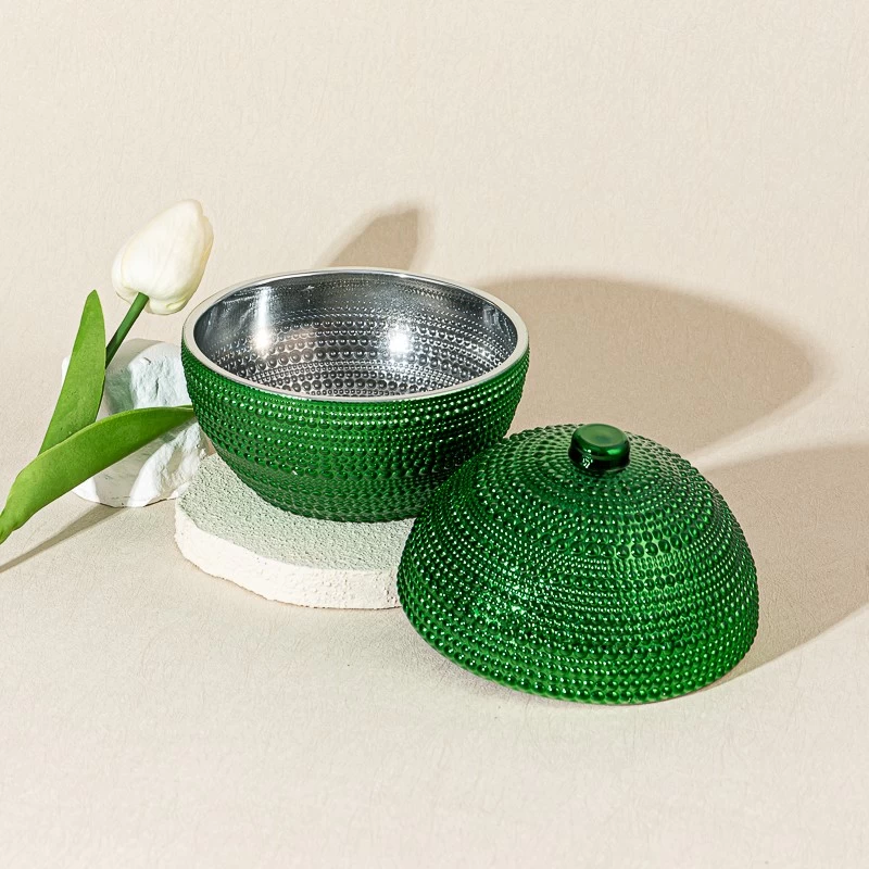 Luxury Green Embossed Ball Shape Glass Candle Jar with Lid Decorative Candle Holder