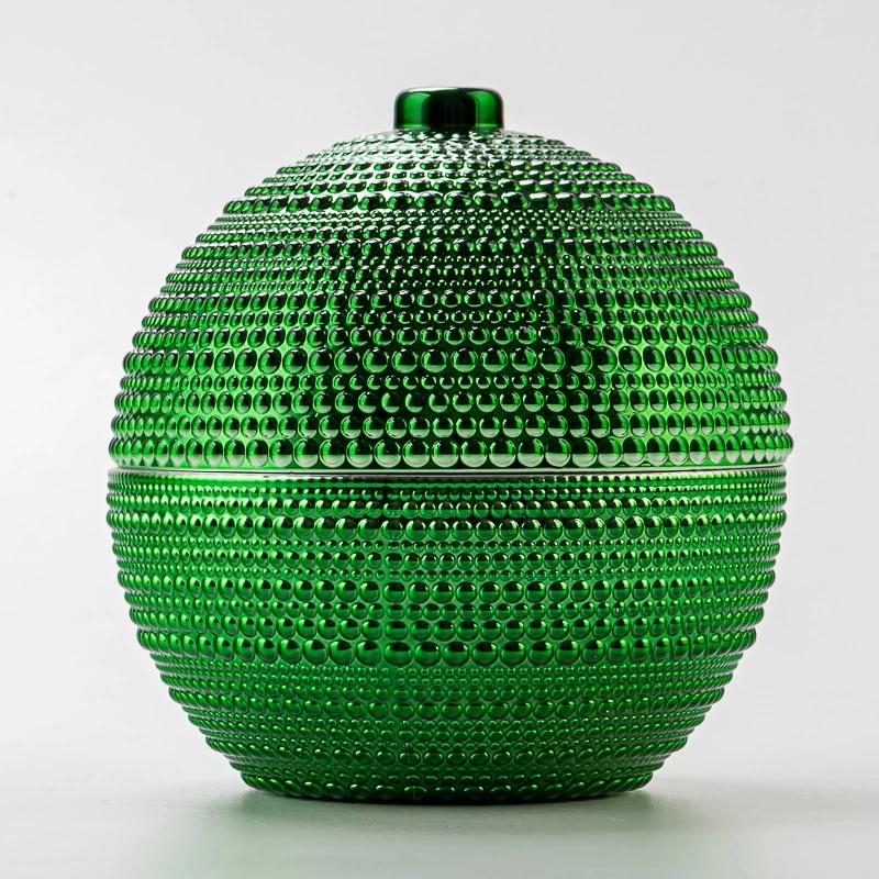 Luxury Green Embossed Ball Shape Glass Candle Jar with Lid Decorative Candle Holder