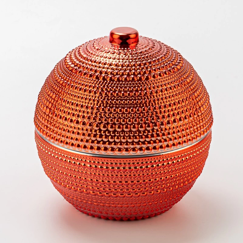 Luxury Red Embossed Ball Shape Decorative Candle Holder Glass Candle Jar with Lid