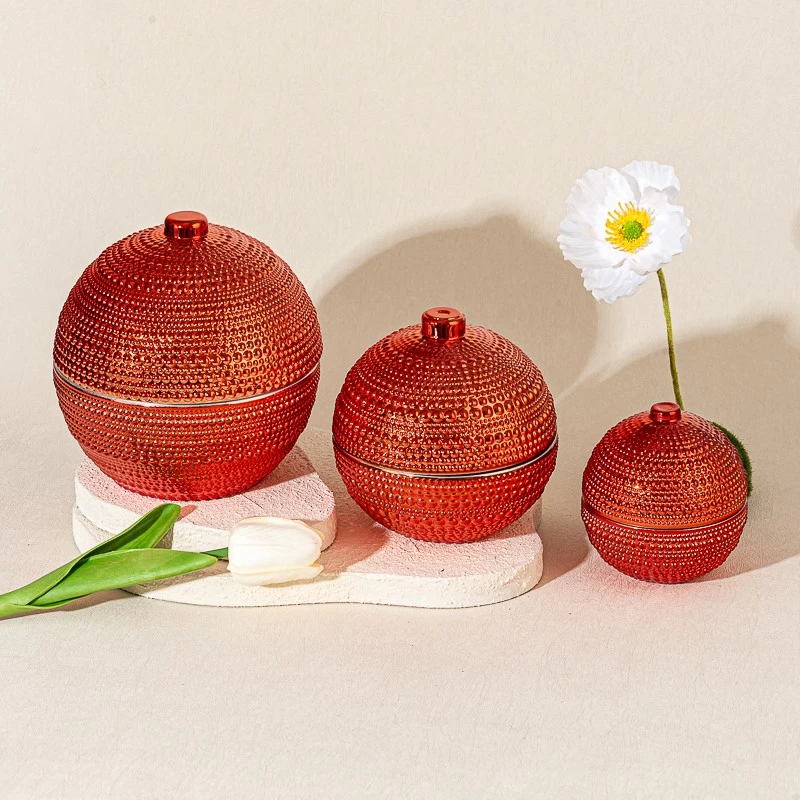 Luxury Red Embossed Ball Shape Decorative Candle Holder Glass Candle Jar with Lid
