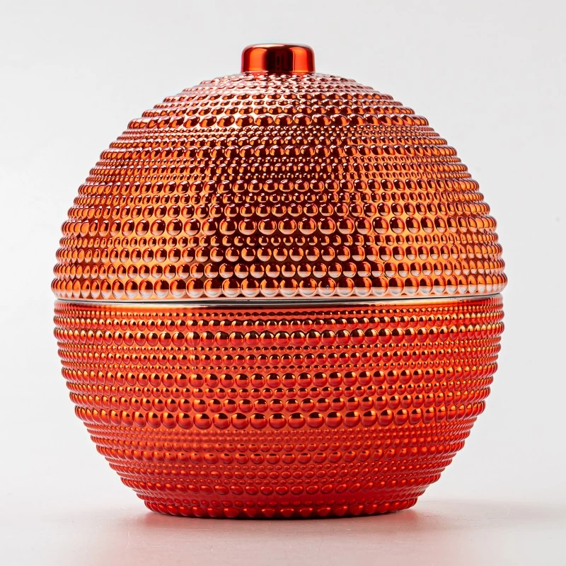 Luxury Red Embossed Ball Shape Decorative Candle Holder Glass Candle Jar with Lid