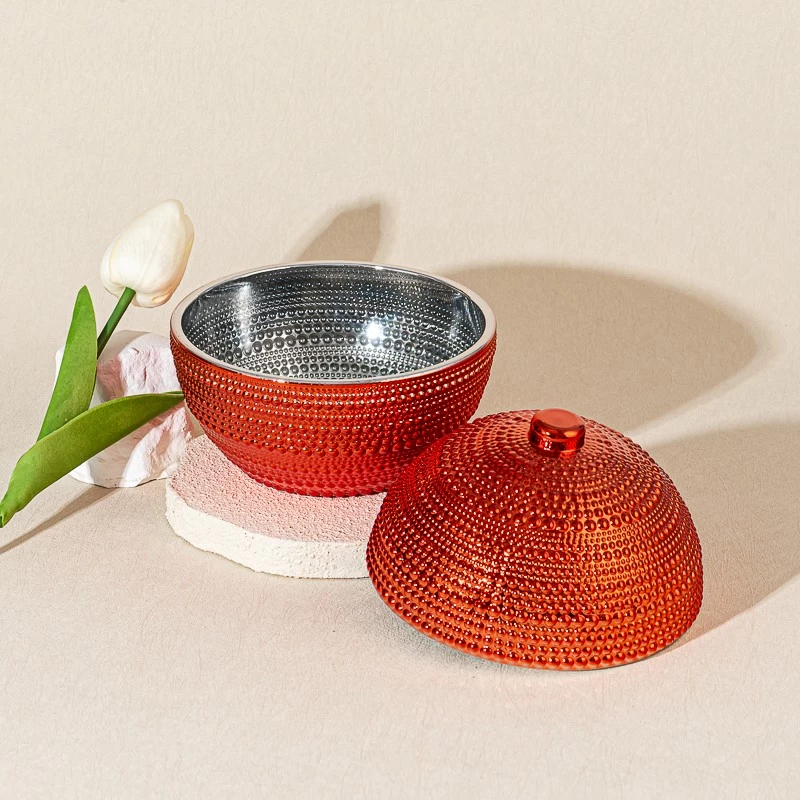 Luxury Red Embossed Ball Shape Decorative Candle Holder Glass Candle Jar with Lid