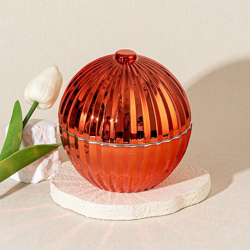 Popular Red Textured Ball Shape Glass Candle Holder Scented Candle Jar with Lid