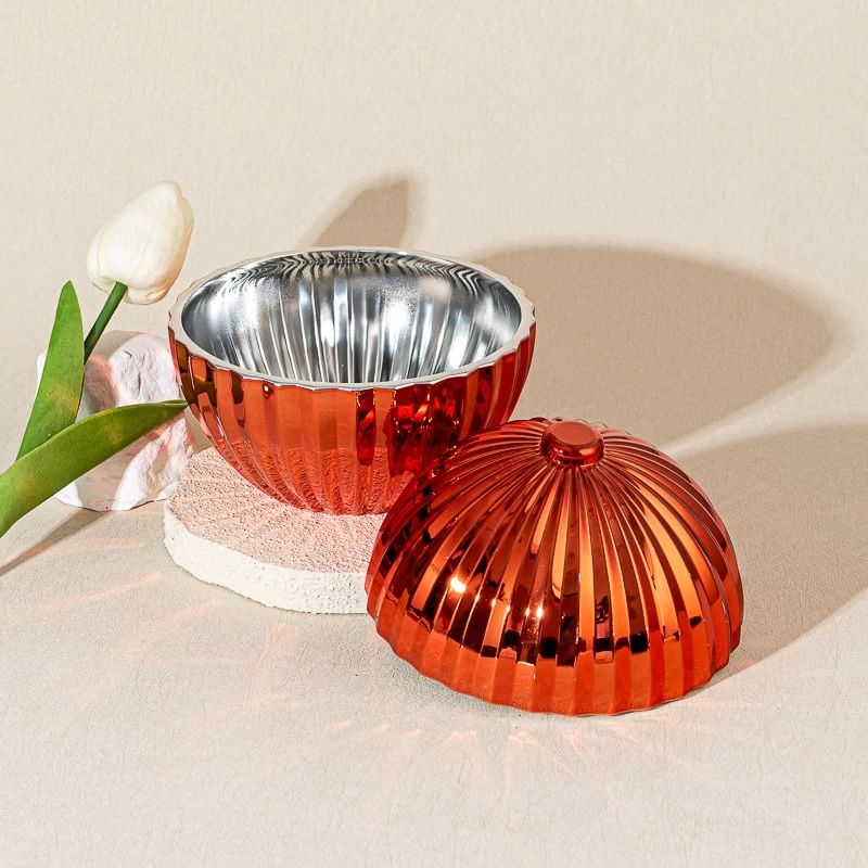 Popular Red Textured Ball Shape Glass Candle Holder Scented Candle Jar with Lid