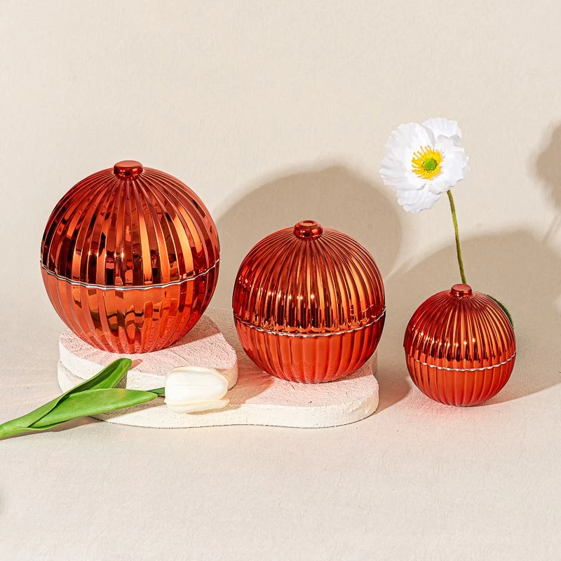 Popular Red Textured Ball Shape Glass Candle Holder Scented Candle Jar with Lid