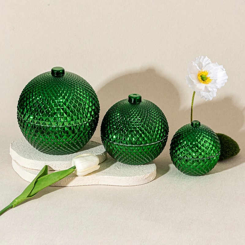  Wholesale Embossed Ball Shape Glass Candle Jar with Lid Decorative 