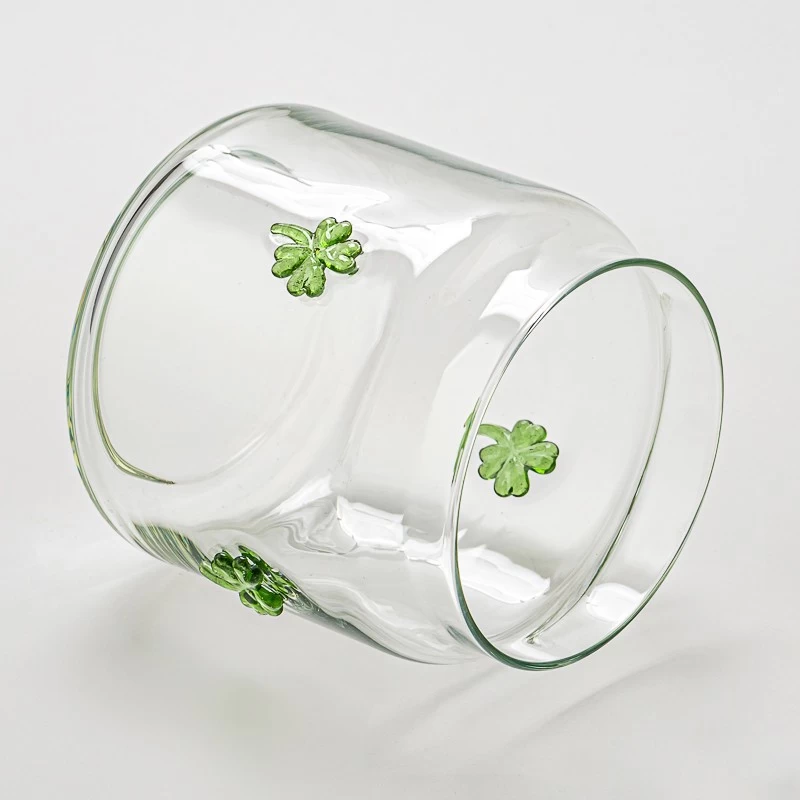 Four Leaf Clover Embellish Clear Glass Candle Jar for Decoration