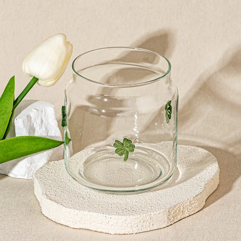 Four Leaf Clover Embellish Clear Glass Candle Jar for Decoration