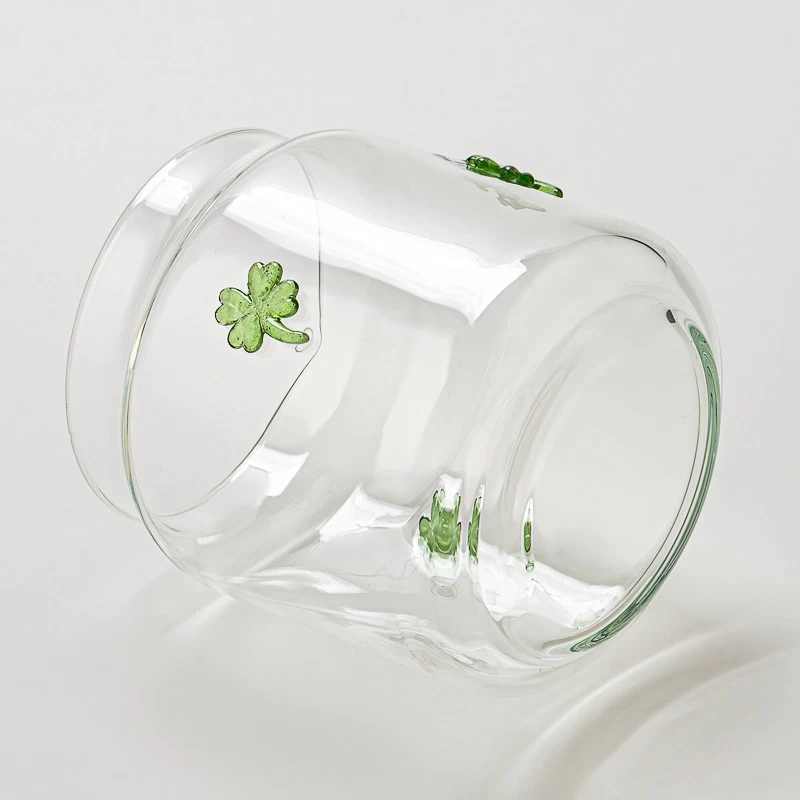 Four Leaf Clover Embellish Clear Glass Candle Jar for Decoration