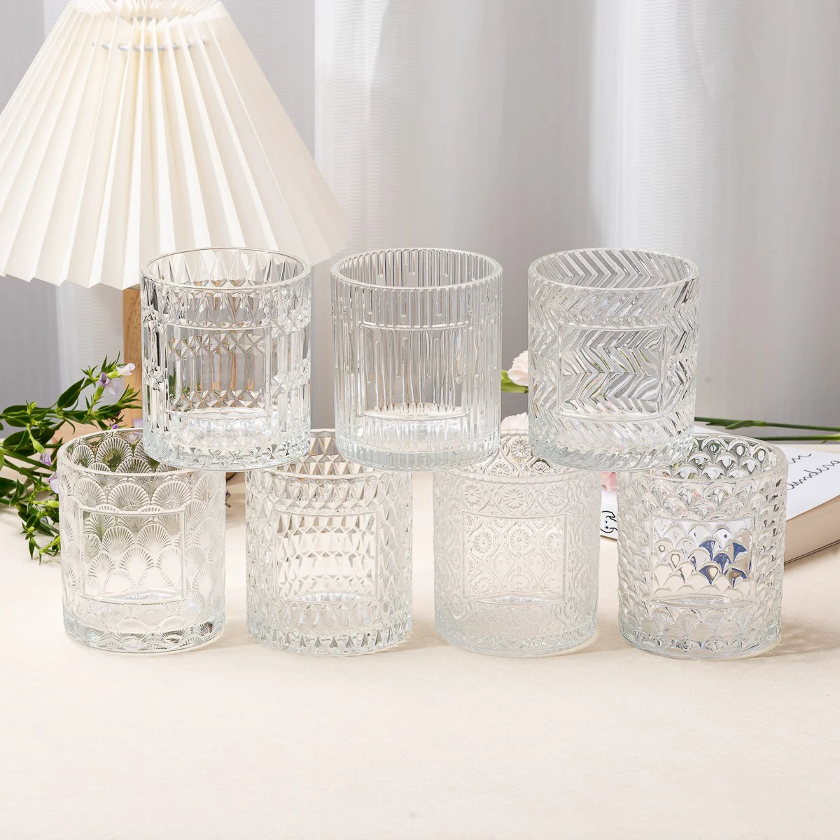 Custom Label Cylinder Embossed Glass Jar Empty Candle Holder for Candle Packaging