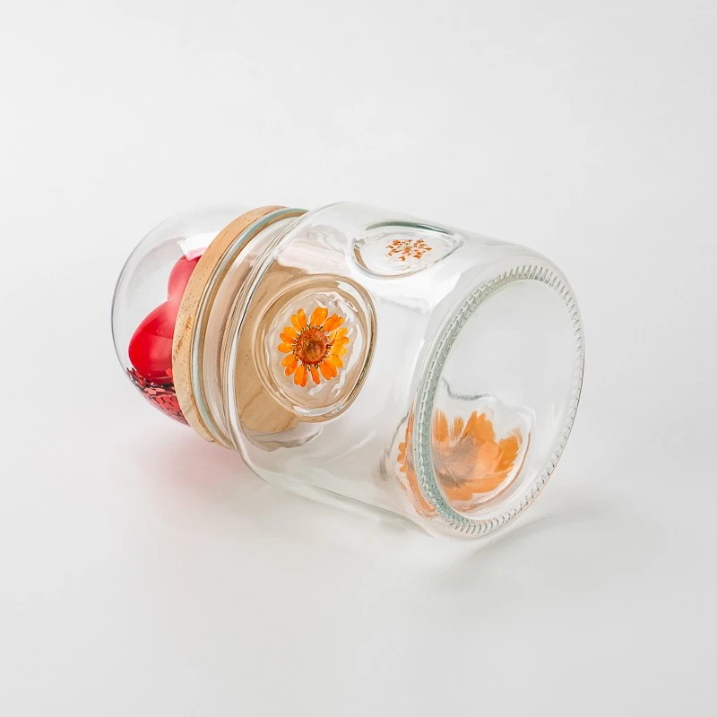 Supplier 500ml glass jar with fruit & flower deco and matched glass lids with heart shape in 
