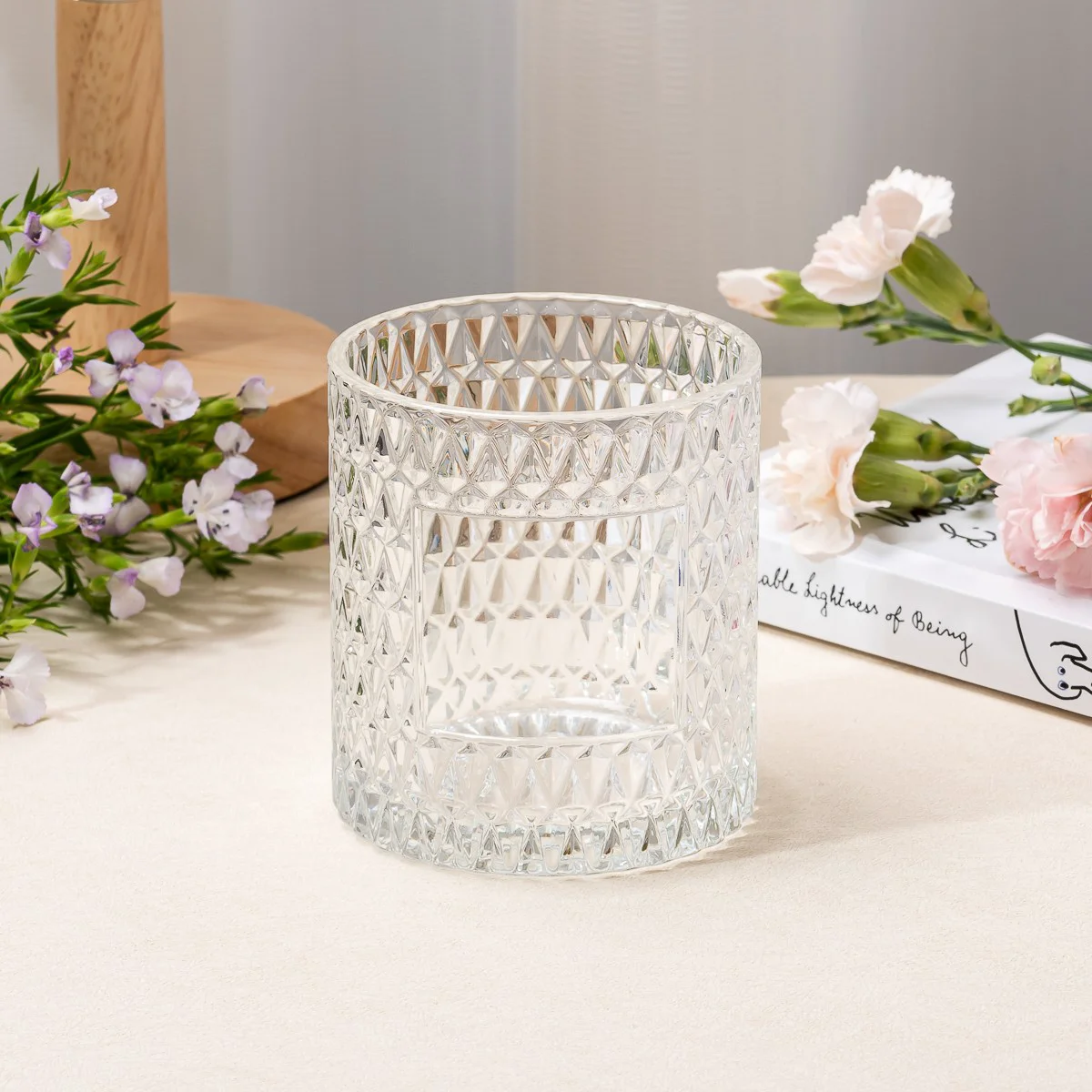 Emboss Surface Cylinder Glass Jar Empty Candle Jar for Candle Packaging