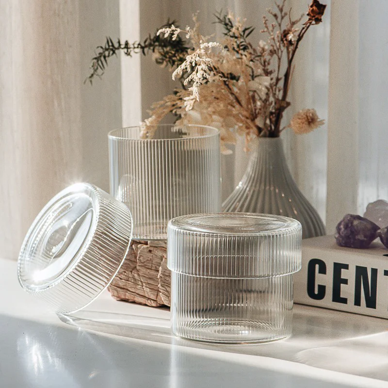 10oz 12oz pruhovaná průhledná dóza z borosilikátového skla s víkem