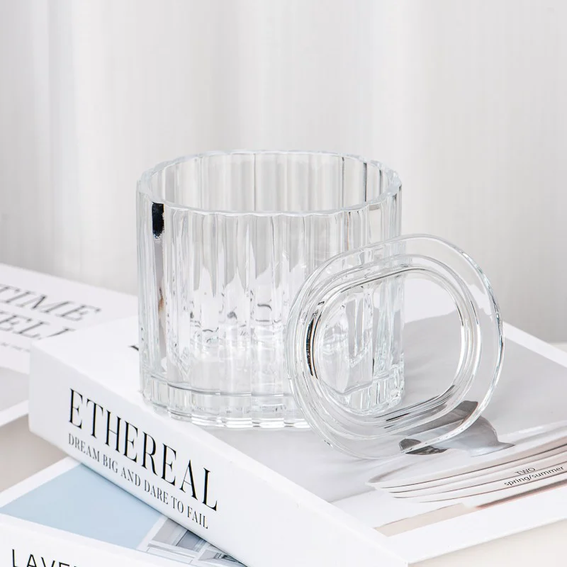 Tedarikçi 400ml Eşleşen Cam Oval Kapaklı Dikey Çizgi Oval Cam Mum Kabı