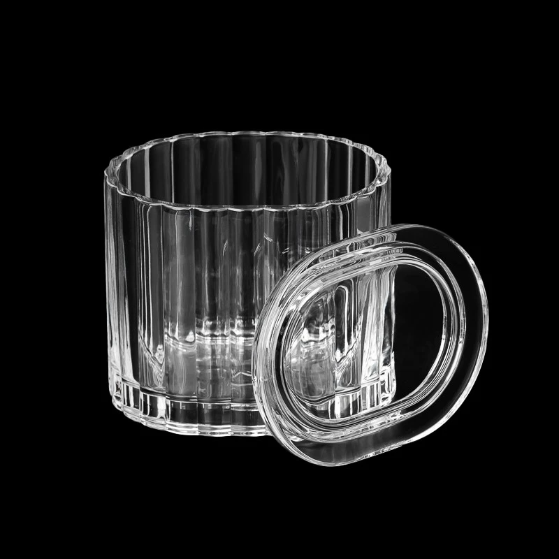 Tedarikçi 400ml Eşleşen Cam Oval Kapaklı Dikey Çizgi Oval Cam Mum Kabı