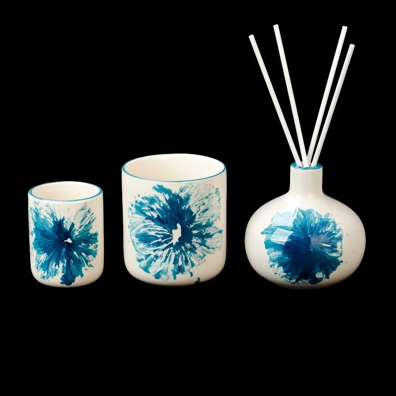 decorazioni per la casa barattolo di candela in ceramica con grafica blu e bianca