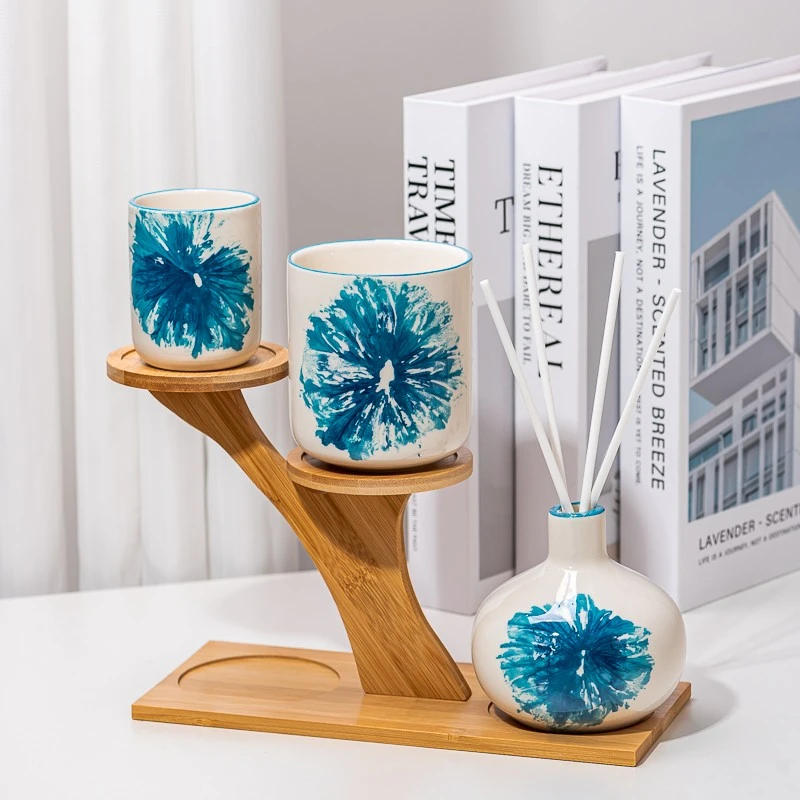 decorazioni per la casa barattolo di candela in ceramica con grafica blu e bianca