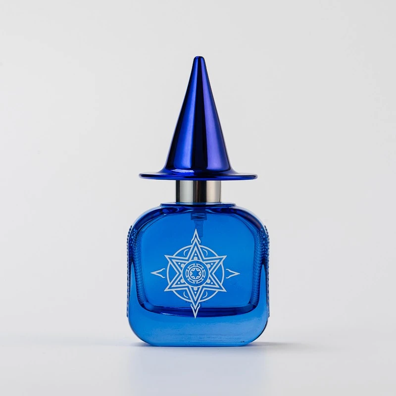 Home Decor Customize Logo Blue Glass Bottle Perfume Bottle with Blue Lid