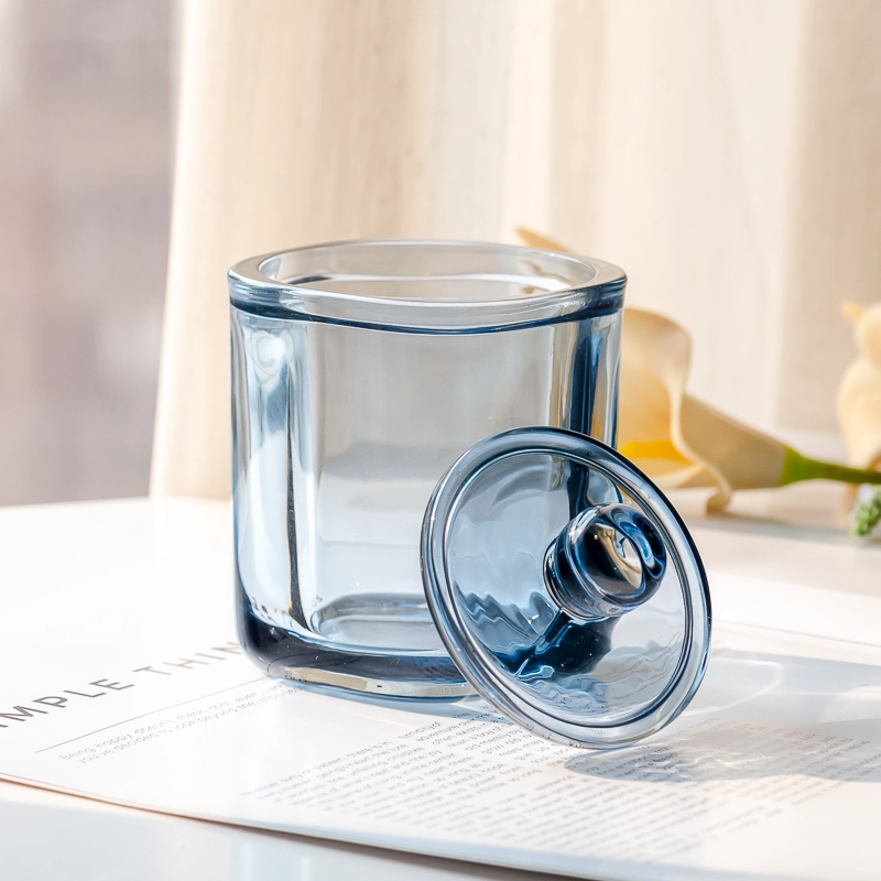 Elegant Transparent Blue Glass Candle Jar with Matching Lid for Wedding Decor and Luxury Gift Use