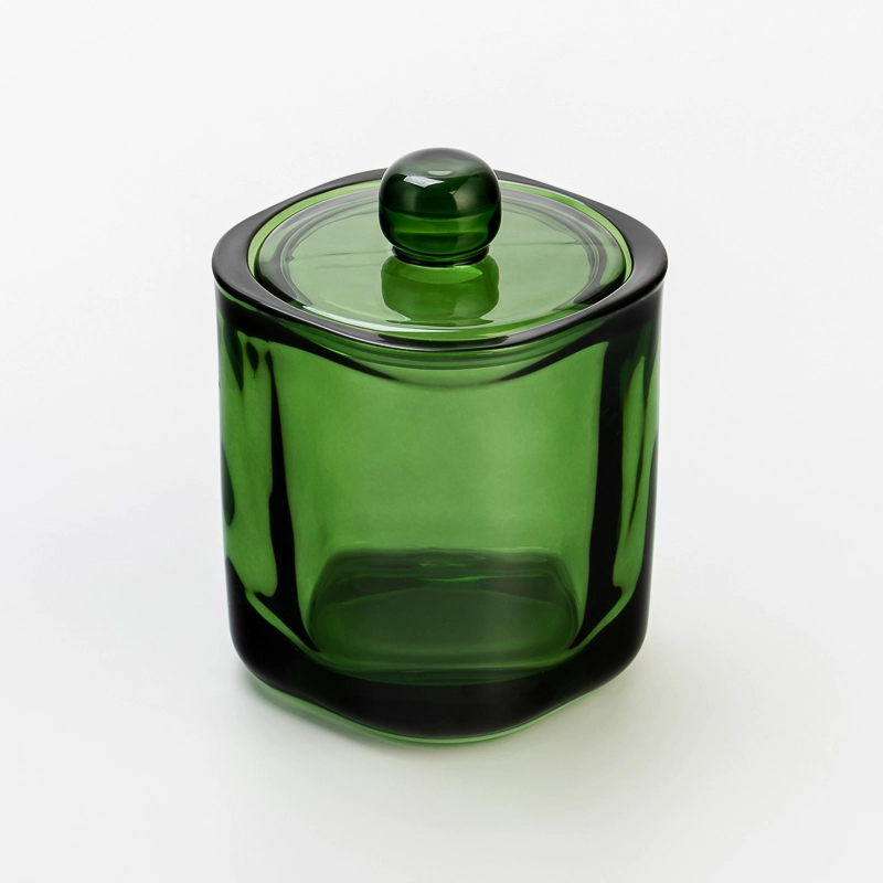 Elegant Transparent Green Glass Candle Jar with Matching Lid for Home Decor and Luxury Gift Use