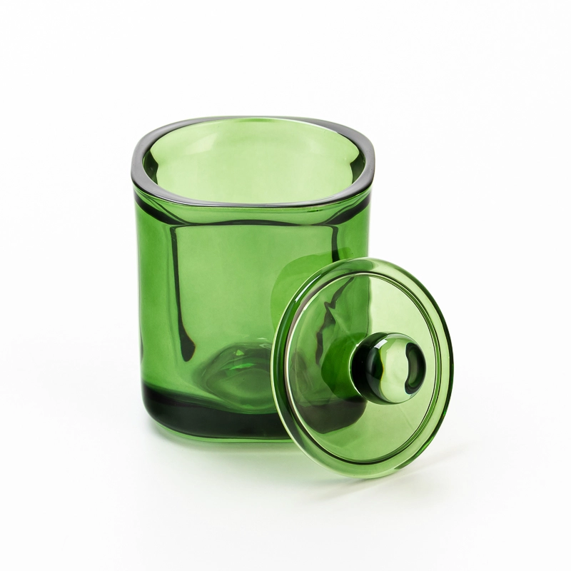 Elegant Transparent Green Glass Candle Jar with Matching Lid for Home Decor and Luxury Gift Use
