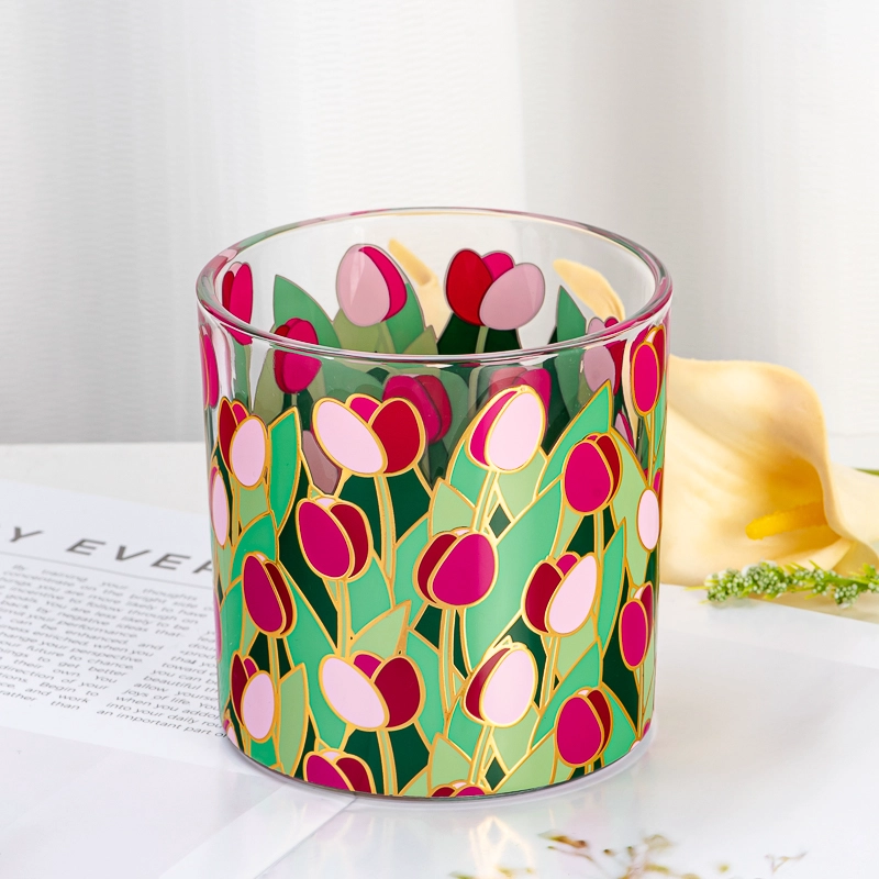 Ķīna mājas dekors divas daktis ziedu apdruka stikla sveču burka ražotājs