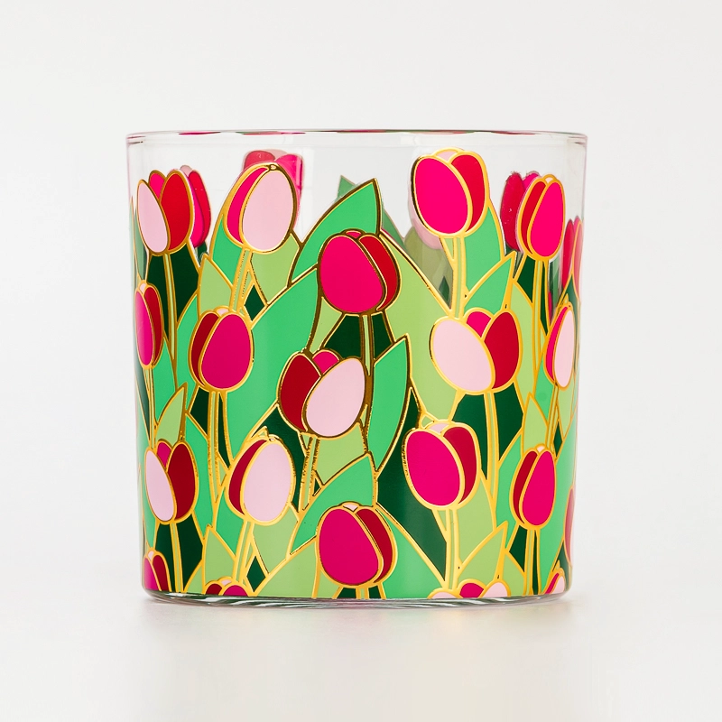  home decor two wicks flower printing glass candle jar