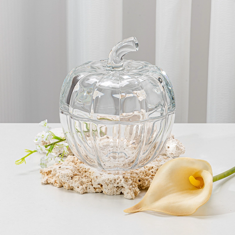Popular Pumpkin Style Glass Candle Vessel Clear Glass Candle Holder with Lid for Easter Halloween
