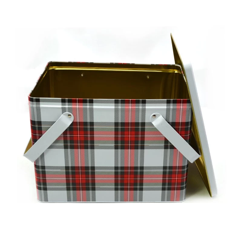 China Custom Printed Rectangle Picnic Portable Metal Box Cookie Biscuit Festival Gift Handle Tin Box manufacturer