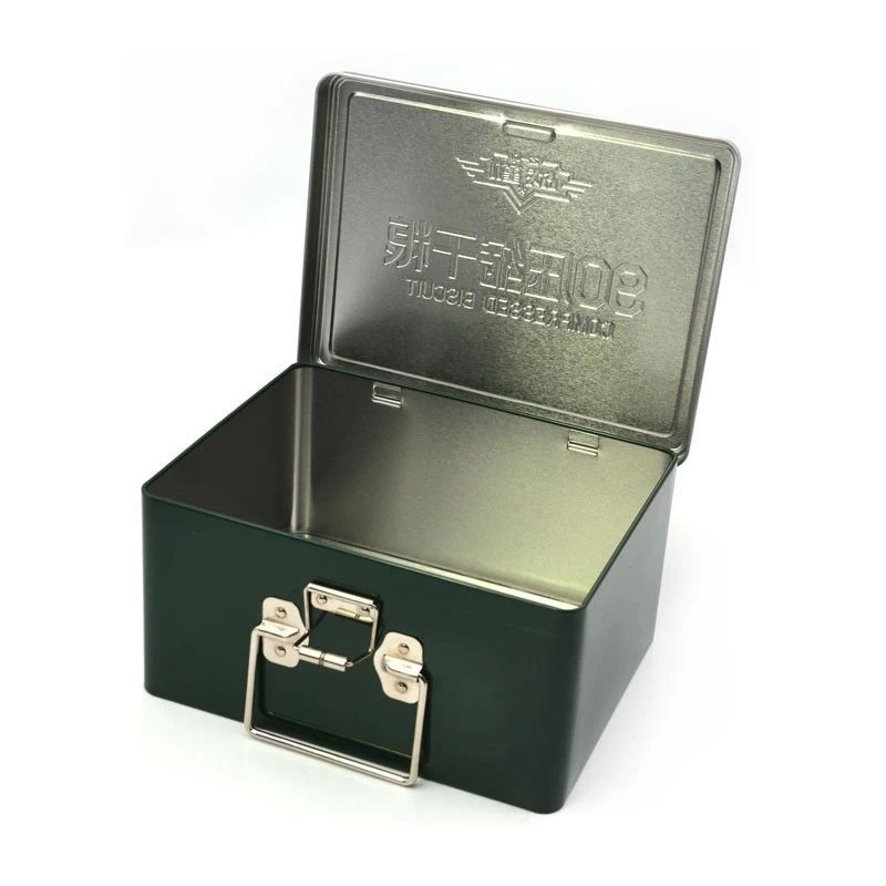 China Bespoke Rectangle Biscuit Cookie Food Metal Package Canister Gift Handle Suitcase Tin Box manufacturer