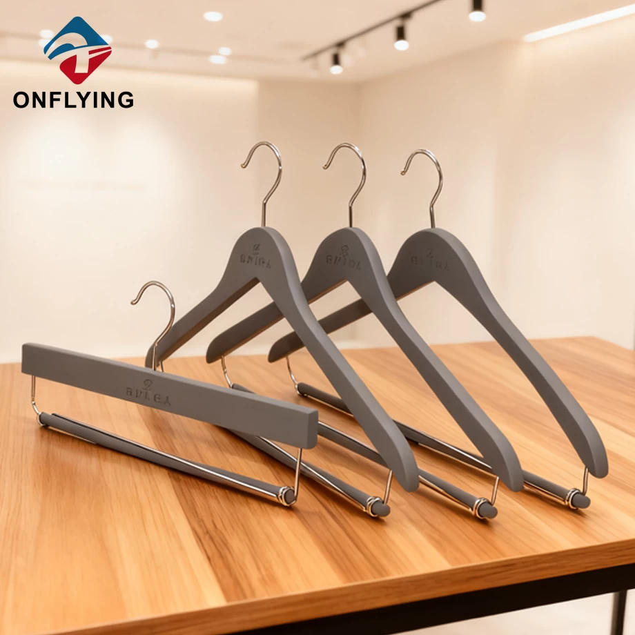 China Custom With Metal Bar Gray Wood Shirt Pants Set Hangers China Factory manufacturer