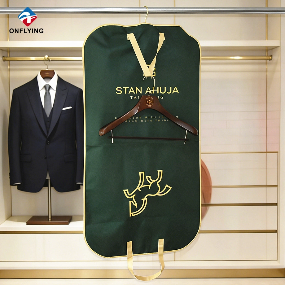 Customized Garment Oxford Suit Packing Cover and Same Logo Wood Hanger