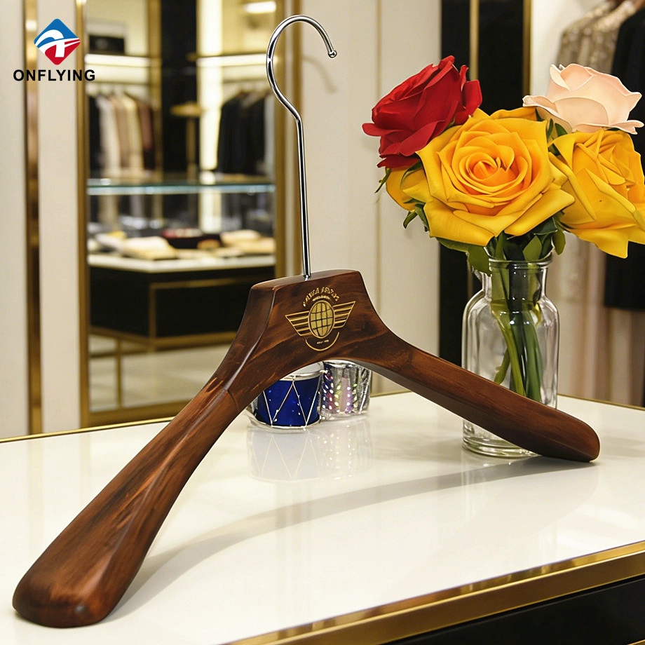 China Custom Hook Size Wide Shoulder Sturdy Engraved Wooden Coat Hanger Factory China manufacturer