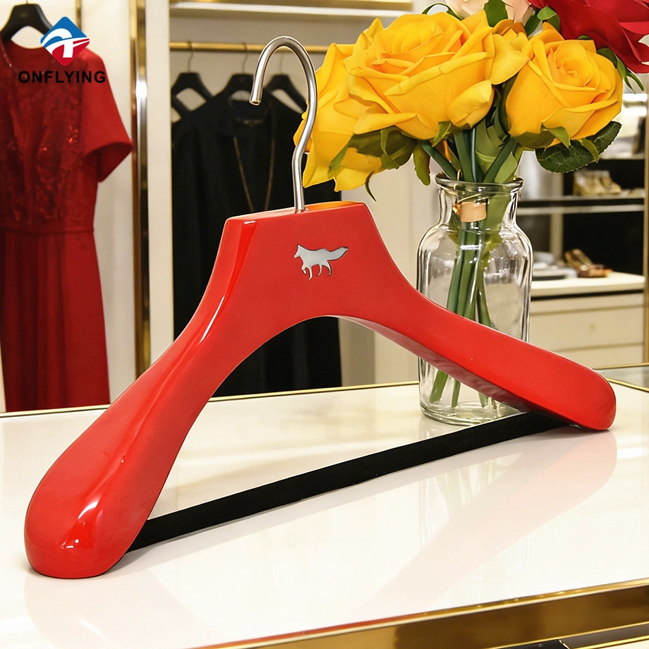 China Customized Color Wide Shoulder Durable Red Wooden Suit Hanger Manufacturer China manufacturer