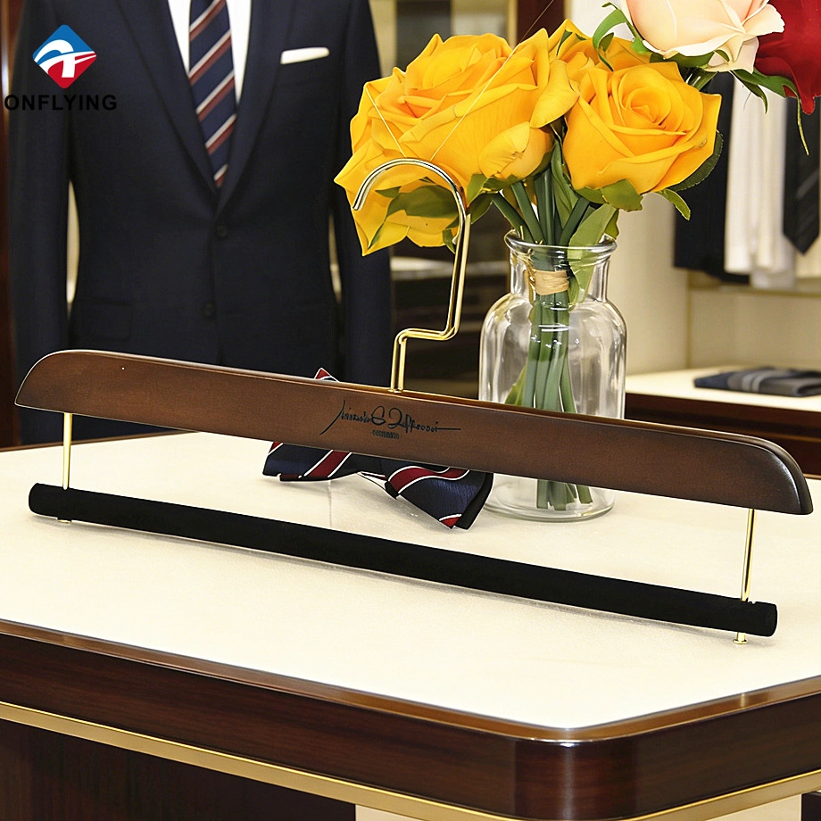 China Durable Custom Brown Lotus Wood Pants Hanger with Velvet bar Factory China manufacturer