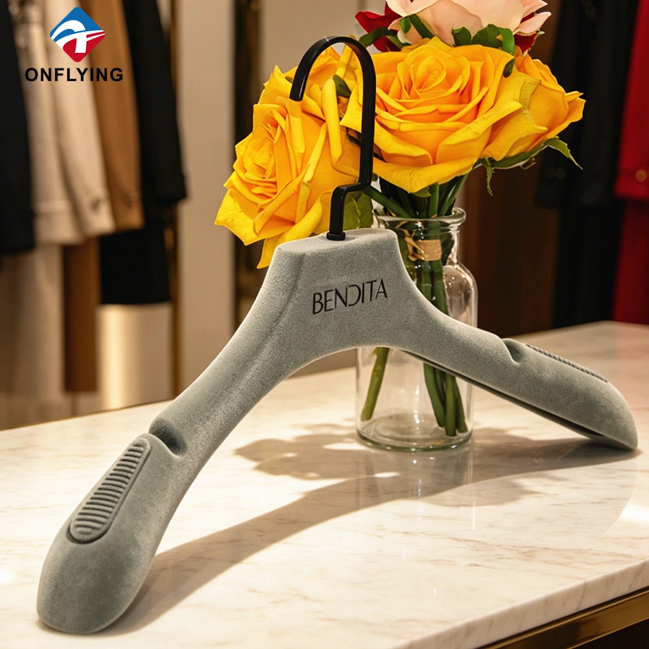China High Grade Clothing Display Non slip Grey Plastic Velvet Dress Hanger with Notch Factory China manufacturer