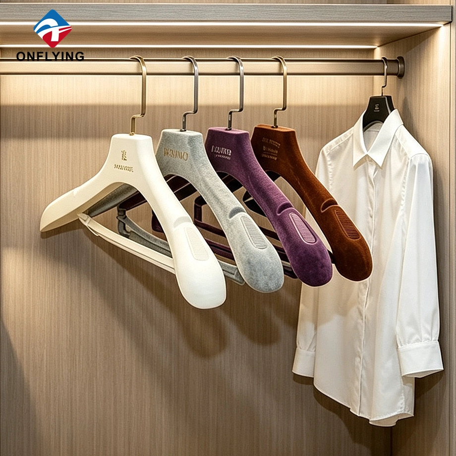 China Hot-selling Elegant Custom Hot-stamping logo Luxury Velvet Colored Hanger Set Supplier China manufacturer