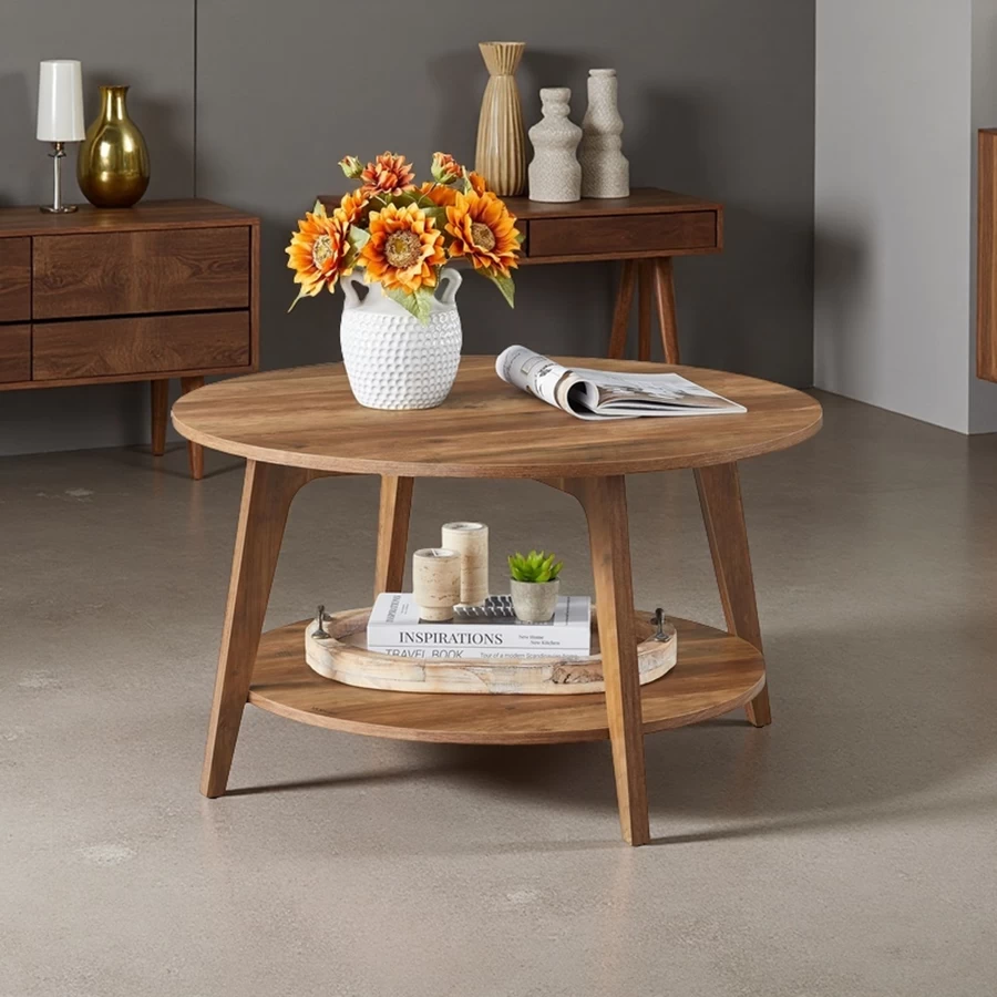 Chine Table basse ronde en gros, table basse à 2 niveaux avec rangement fabricant