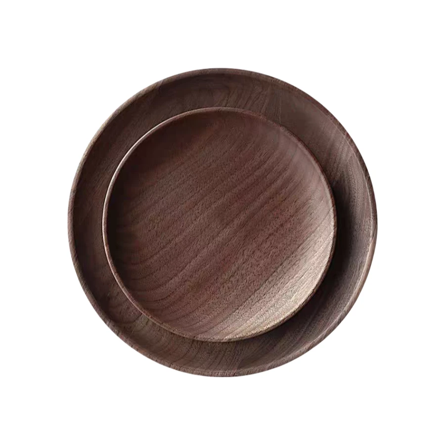Wholesale Wooden Plate Black Walnut Tableware Round Wooden Tray