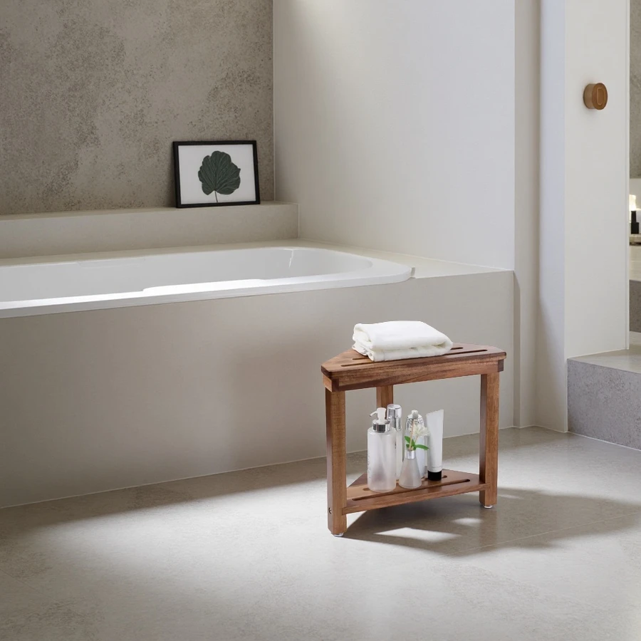 Wholesale Shower Stool, Acacia Wood Foot Rest, Shower Stool with Storage Shelf